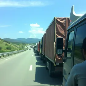 Fila de caminhões no acostamento da Anchieta, em frente à Bombril, chama a atenção de motoristas