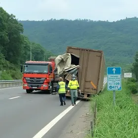 Carreta tomba e interdita alça de acesso da Anchieta para o Rodoanel